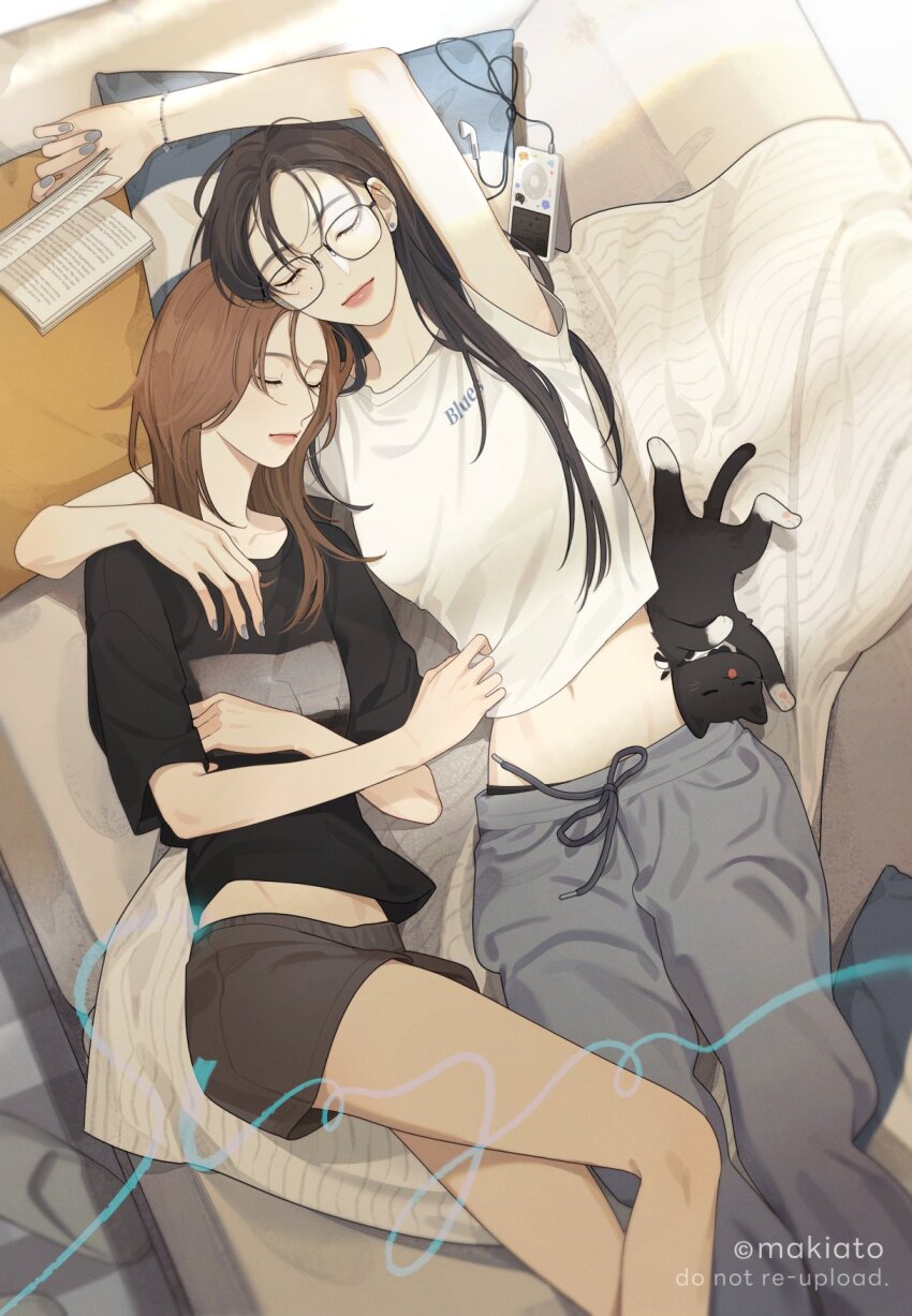 2girls arm_around_neck black_cat black_hair blanket book bracelet brown_hair cat closed_eyes closed_mouth commentary couch cushion digital_media_player earbuds earphones english_text from_above glasses grey_nails grey_pants grey_shorts highres holding holding_book indoors ipod jewelry long_hair lying makiato midriff multiple_girls on_back on_couch original pants shirt short_sleeves shorts sleeping sleeveless sleeveless_shirt slippers smile white_shirt yuri