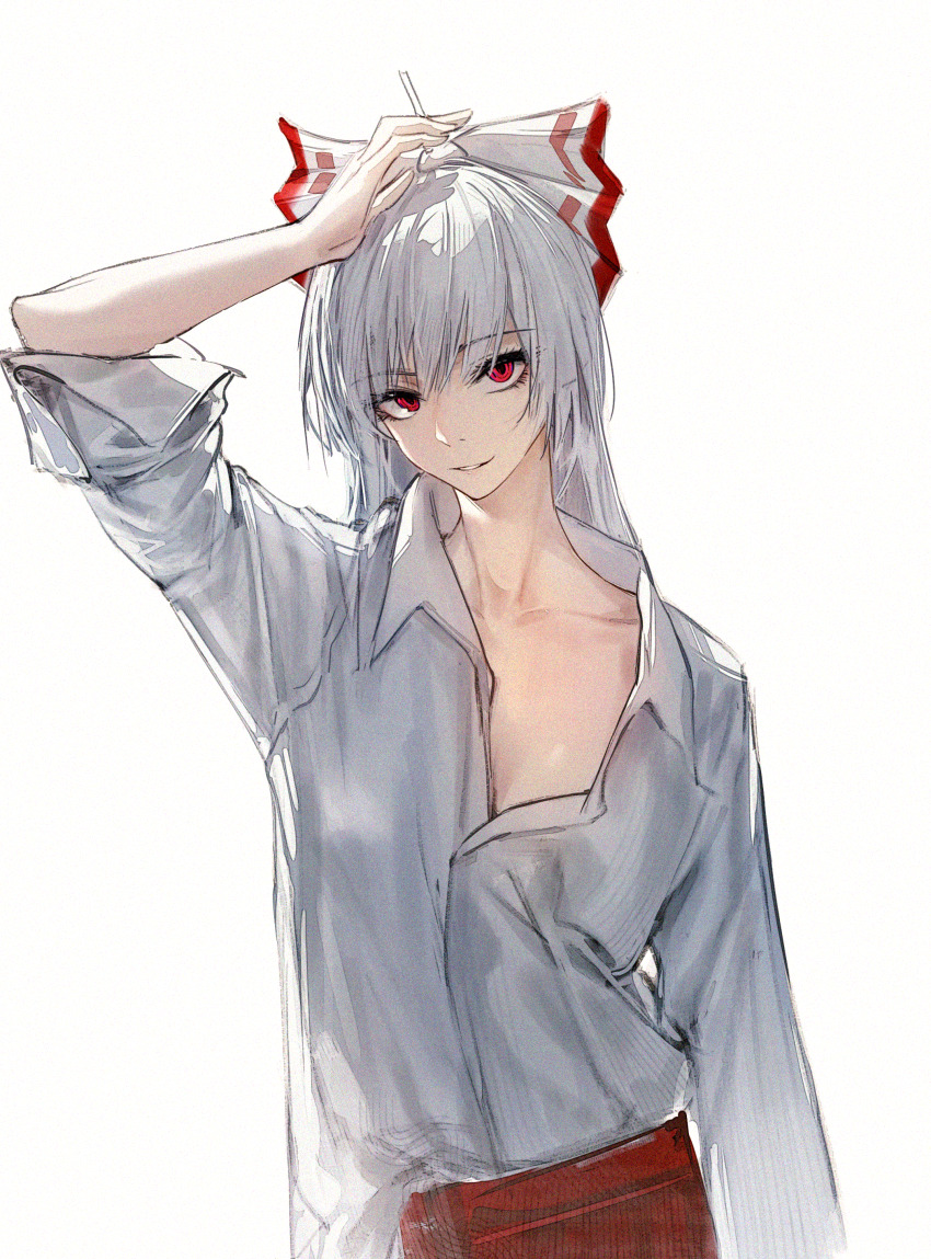 1girl absurdres arm_up bow breasts cigarette collarbone collared_shirt commentary english_commentary fujiwara_no_mokou grin hair_bow highres holding holding_cigarette hs_(user_hvww8443) long_hair looking_at_viewer no_bra red_eyes shirt simple_background sleeves_rolled_up smile solo touhou upper_body white_background white_hair white_shirt wing_collar