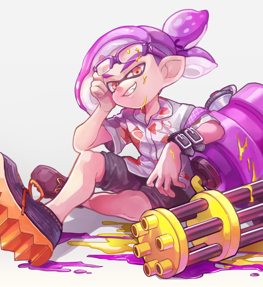 1boy absurdres collared_shirt fang full_body glasses grin heavy_splatling_(splatoon) highres inkling inkling_boy inkling_player_character looking_at_viewer male_focus mkakimikan nintendo ponytail purple_hair red_eyes shirt shorts simple_background smile solo splatoon_(series) splatoon_2 tentacle_hair white_background