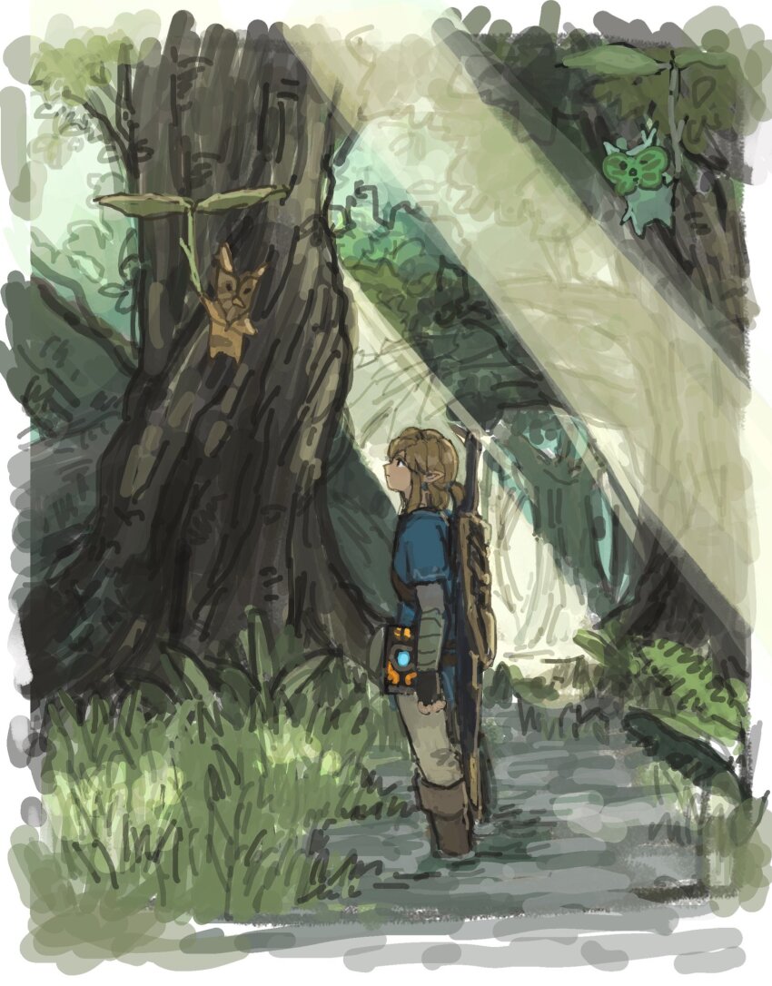 1boy black_gloves blonde_hair blue_tunic boots brown_footwear creature earrings fingerless_gloves forest full_body gloves grey_pants highres jewelry korok link low_ponytail nature nintendo pants pointy_ears profile shield shield_on_back sidelocks solo soraoyogusakana sunlight the_legend_of_zelda the_legend_of_zelda:_breath_of_the_wild tunic weapon weapon_on_back