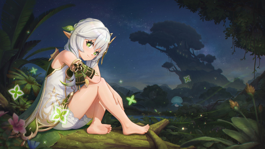 1girl absurdres bare_shoulders barefoot bloomers closed_mouth commentary dagahaz detached_sleeves dress english_commentary from_side fungi_(genshin_impact) genshin_impact gold_trim green_eyes green_sleeves hair_between_eyes hair_ornament highres leaf_hair_ornament light_blush long_hair looking_at_viewer looking_to_the_side nahida_(genshin_impact) night night_sky outdoors pointy_ears sitting sky sleeveless sleeveless_dress smile solo star-shaped_pupils star_(sky) star_(symbol) starry_sky symbol-shaped_pupils toenails toes underwear white_bloomers white_dress white_hair