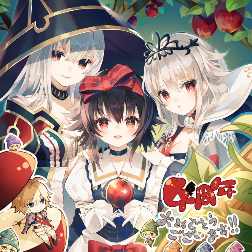 3girls 6+boys anniversary apple black_hair black_tiara branch breasts chibi dress dwarf_(grimms_notes) evil_queen_(majo)_(grimms_notes) food fruit grey_hair grimms_notes hair_ribbon hat highres long_hair multiple_boys multiple_girls nemusuke open_mouth prince_wald_(grimms_notes) red_eyes red_ribbon ribbon smile snow_ashes_(grimms_notes) snow_queen_(repage)_(grimms_notes) tiara witch_hat