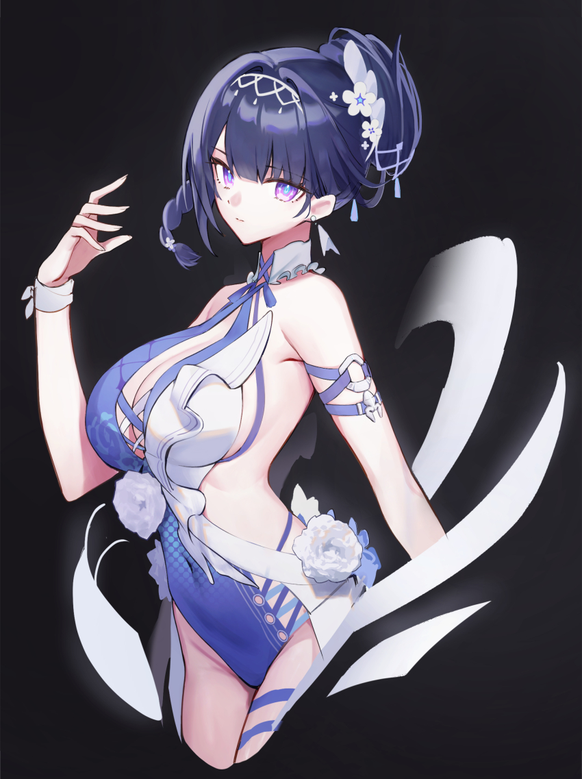 1girl absurdres black_background blue_pupils braid breasts closed_mouth covered_navel cowboy_shot flower from_side hair_bun hair_flower hair_ornament highres honkai_(series) honkai_impact_3rd large_breasts long_hair looking_at_viewer looking_to_the_side lysh o-ring_arm_strap official_alternate_costume one-piece_swimsuit purple_eyes purple_hair purple_one-piece_swimsuit raiden_mei raiden_mei_(crooning_tides) raiden_mei_(herrscher_of_origin) simple_background single_braid solo swimsuit white_flower