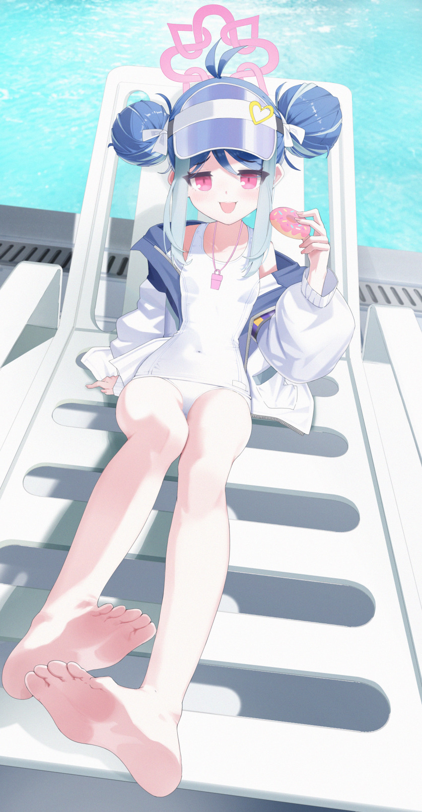 1girl absurdres bad_anatomy bad_perspective bare_legs barefoot blue_archive blue_hair blush breasts covered_navel double_bun doughnut food fubuki_(blue_archive) fubuki_(swimsuit)_(blue_archive) hair_bun halo highres holding holding_food jacket long_sleeves looking_at_viewer marks_(dmhunsu10) multicolored_hair official_alternate_costume one-piece_swimsuit open_clothes open_jacket open_mouth pink_halo pool red_eyes school_swimsuit short_hair small_breasts smile soles solo swimsuit toes water white_jacket white_one-piece_swimsuit