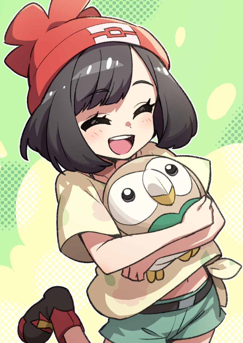 1girl :d ^_^ beanie black_hair blush bra_strap closed_eyes commentary_request creatures_(company) eyelashes floral_print game_freak gen_7_pokemon green_shorts happy hat heebee highres holding leg_up midriff_peek navel nintendo open_mouth outline partial_commentary pokemon pokemon_sm red_hat rowlet selene_(pokemon) shirt shoes short_hair short_shorts short_sleeves shorts smile teeth tied_shirt upper_teeth_only white_outline yellow_shirt