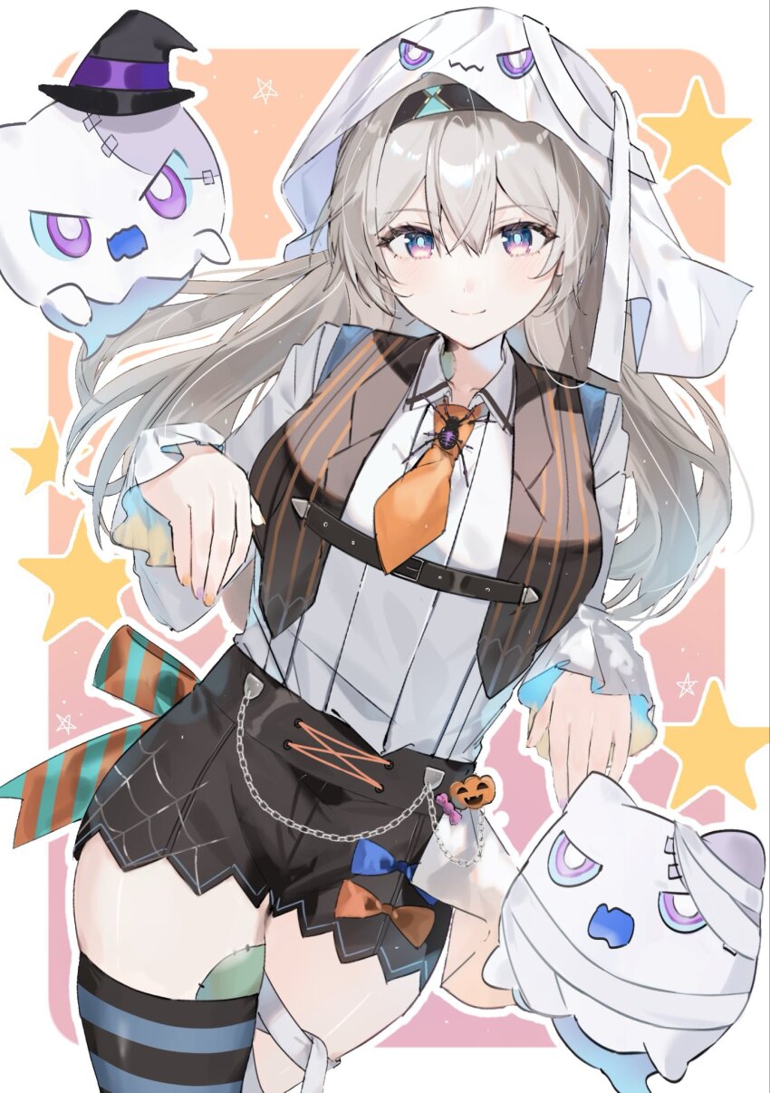 blush ebitendon firefly_(honkai:_star_rail) ghost ghost_pose grey_hair hairband halloween highres honkai:_star_rail honkai_(series) long_hair long_sleeves necktie ribbon shirt short_shorts shorts smile thighs veil white_shirt wubbaboo_(honkai:_star_rail)