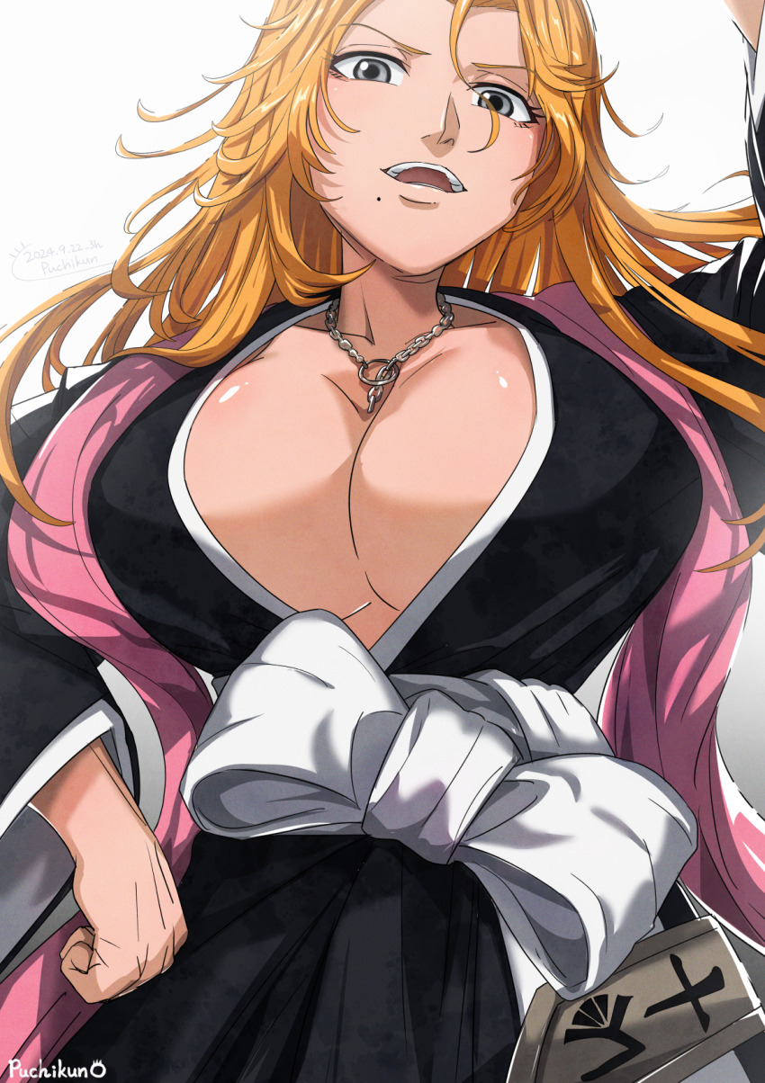 1girl 2024 bleach breasts chain chain_necklace cleavage huge_breasts jewelry large_breasts long_hair looking_at_viewer lying matsumoto_rangiku mole mole_under_mouth necklace on_back pink_shawl puchikun shawl shihakusho solo