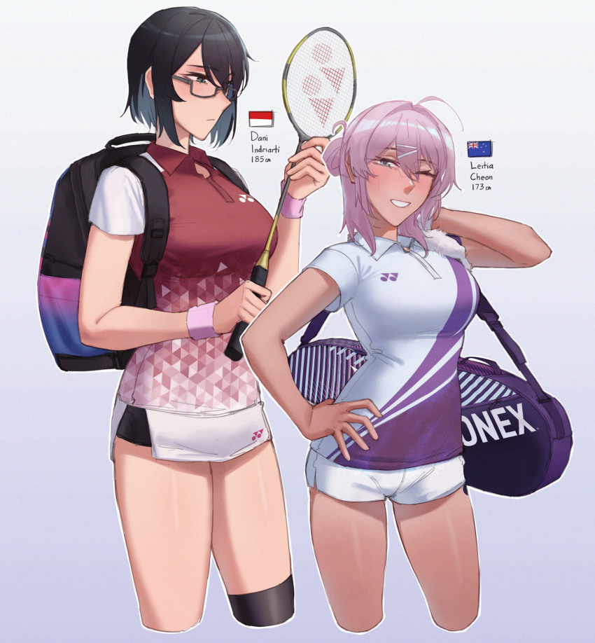 2girls absurdres backpack bag black_eyes black_hair blue_eyes blush character_name commentary dangodes english_commentary hand_on_own_hip height_difference highres indonesian_flag long_hair looking_at_viewer multiple_girls new_zealand_flag one_eye_closed original pink_hair racket short_shorts shorts smile sportswear tan tennis_racket tennis_uniform