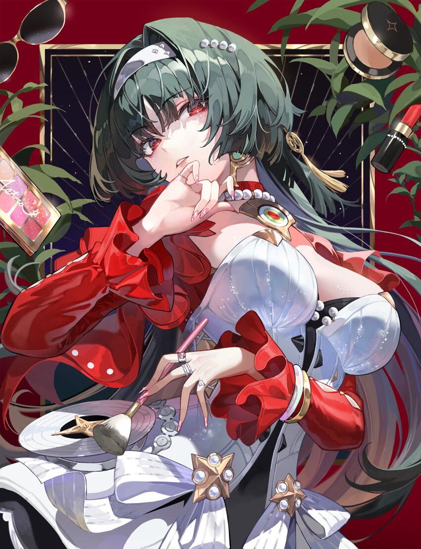 1girl absurdres astra_yao black_hair blunt_bangs breasts chyoel dress earrings hairband highres jacket jewelry large_breasts long_hair necklace official_art open_mouth parted_lips red_eyes red_jacket second-party_source unworn_eyewear white_dress white_hairband zenless_zone_zero