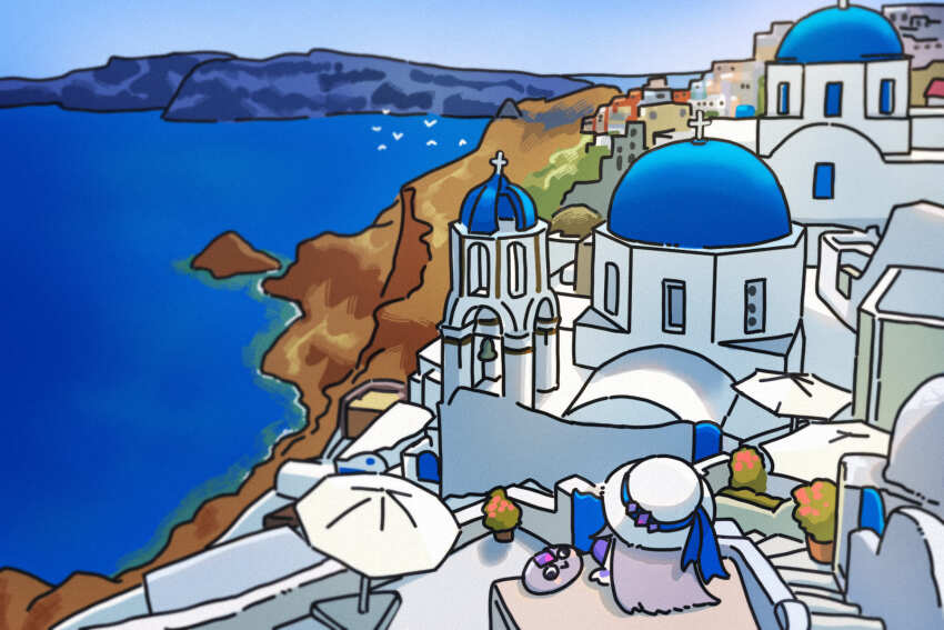 1girl bell bing_huyue blue_sky building bush chibi cliff commentary cross english_commentary gem greece hand_jewel hat highres hololive hololive_english koseki_bijou long_hair ocean parasol pebble_(koseki_bijou) purple_gemstone purple_hair real_world_location santorini_(greece) simple_bird sitting sky stairs sun_hat umbrella virtual_youtuber white_hat