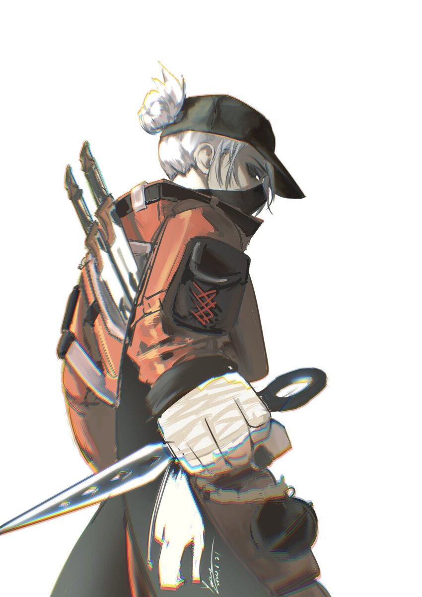 1girl animification apex_legends baseball_cap black_hat chromatic_aberration edensen_(yuzee0000) from_behind grey_eyes grey_hair hair_bun hat highres holding holding_knife hope&#039;s_dusk_(apex_legends) jacket knife kunai looking_at_viewer mask mouth_mask ninja_mask official_alternate_costume red_jacket simple_background single_hair_bun solo street_smart_wraith streetwear weapon white_background wraith_(apex_legends)