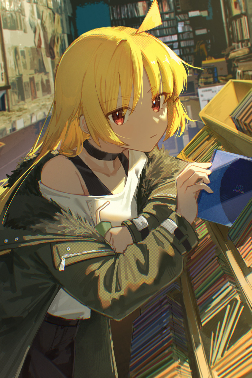 1girl absurdres ahoge black_choker black_pants blonde_hair bocchi_the_rock! cd_case choker closed_mouth coat drink drinking_straw green_coat highres holding holding_drink ijichi_seika jl_tan long_hair long_sleeves looking_at_viewer open_clothes open_coat pants red_eyes shirt solo white_shirt