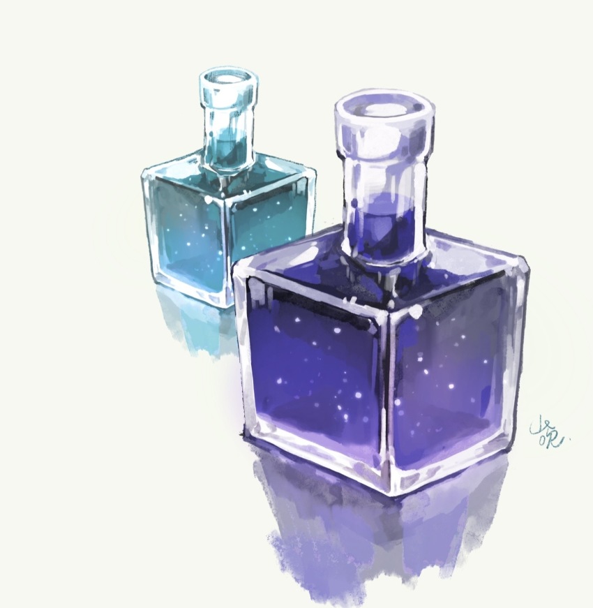 bottle commentary_request cube glass highres no_humans object_focus original shadow signature simple_background still_life white_background yamabuki_(haruirokerria)