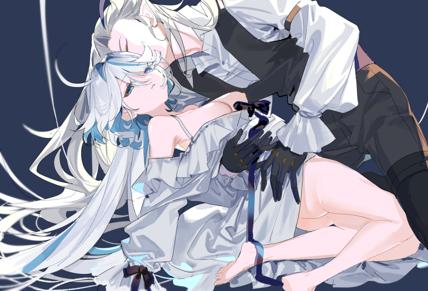 1boy 1girl ahoge barefoot black_gloves blue_background blue_eyes blue_hair breasts closed_eyes colored_inner_hair dress expressionless furina_(genshin_impact) genshin_impact gloves hair_between_eyes hetero heterochromia highres light_blue_hair long_hair long_sleeves looking_at_viewer medium_breasts mona0101 multicolored_hair neuvillette_(genshin_impact) nipples parted_lips pointy_ears sidelocks simple_background streaked_hair two-tone_hair white_dress white_hair