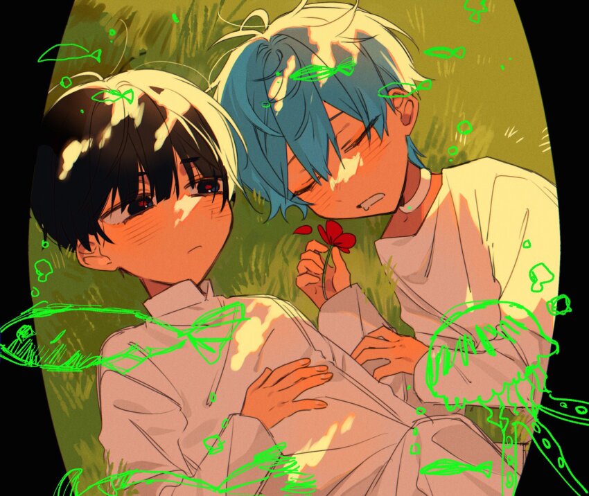 2boys aged_down alien_stage black_hair choker closed_eyes commentary fish flower grey_hair highres ivan_(alien_stage) jellyfish kikurage_ii long_sleeves looking_at_another lying male_focus multiple_boys on_back on_grass on_side red_flower red_pupils shirt short_hair sleeping till_(alien_stage) very_short_hair white_choker white_shirt