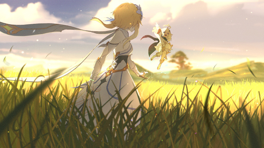 2girls absurdres blonde_hair breasts cloud day dress genshin_impact grass highres light_particles midair multiple_girls outdoors perspective short_hair_with_long_locks sidelighting size_difference small_breasts white_dress yakumo_crack