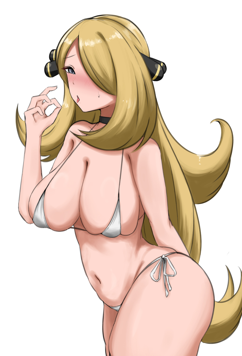 1girl absurdres arm_behind_back bikini black_choker blonde_hair blush breasts choker cleavage creatures_(company) cynthia_(pokemon) fellatio_gesture game_freak grey_eyes hair_ornament hair_over_one_eye hand_up highres large_breasts leaning_forward long_hair micro_bikini navel nintendo pokemon pokemon_dppt ryokuchi sexually_suggestive side-tie_bikini_bottom simple_background solo stomach sweat swimsuit tongue tongue_out very_long_hair white_background white_bikini