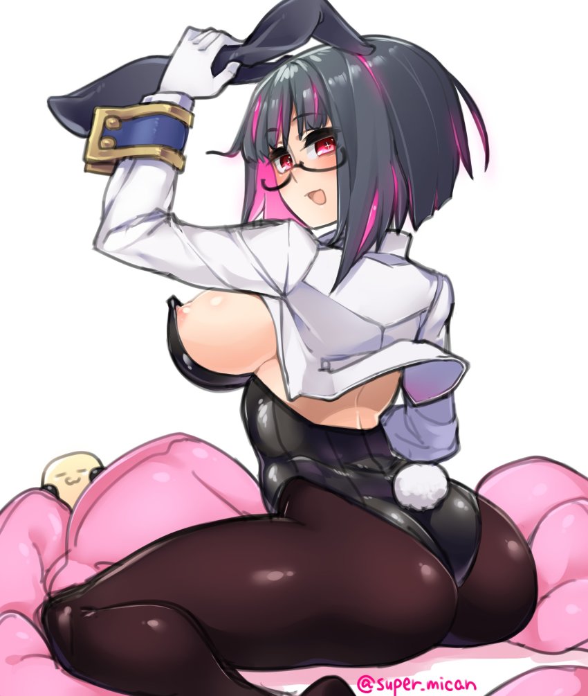 absurdres animal_ears ass black_hair breasts fake_animal_ears glasses gloves highres jacket large_breasts leggings leotard multicolored_hair nipple_slip nipples pantyhose pink_hair playboy_bunny rabbit_ears rabbit_tail rijiato short_hair skin_tight smile super_mican tail thighs