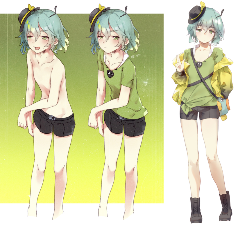 1boy antennae ants_(cookie) belt black_belt black_footwear black_headwear black_shorts blue_hair boots closed_mouth commentary_request cookie_(touhou) fairyfloss full_body genderswap genderswap_(ftm) green_eyes green_shirt hair_between_eyes hat hat_ribbon jacket komeiji_koishi looking_at_viewer male_focus mini_hat multiple_views off_shoulder open_mouth ribbon shirt short_hair short_shorts shorts topless_male touhou yellow_jacket yellow_ribbon