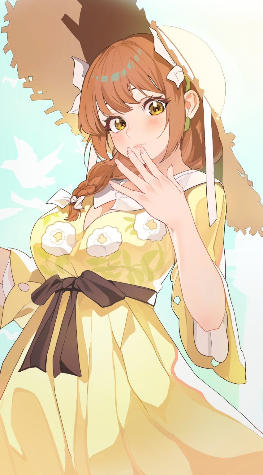 1girl arm_up black_bow black_sash bow breasts brown_hair cleavage closed_mouth commentary dress english_commentary eyelashes fire_emblem fire_emblem_engage gbbgb321 goldmary_(fire_emblem) hat highres large_breasts looking_at_viewer nintendo sash smile solo sun_hat yellow_dress yellow_eyes