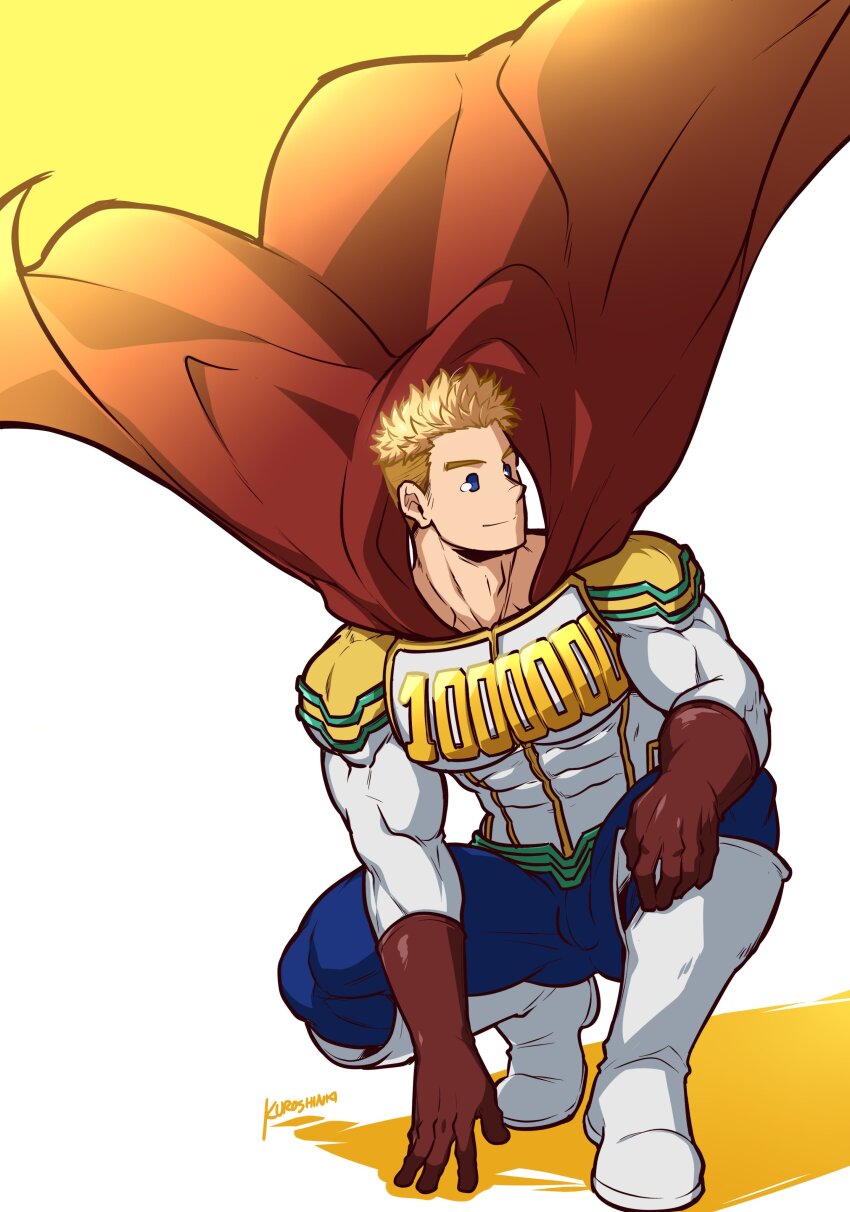 1boy absurdres artist_name bara blonde_hair blue_eyes boku_no_hero_academia boots cape closed_eyes gloves highres kuroshinki large_pectorals male_focus muscular muscular_male pectorals red_cape red_gloves short_hair simple_background smile solo squatting togata_mirio