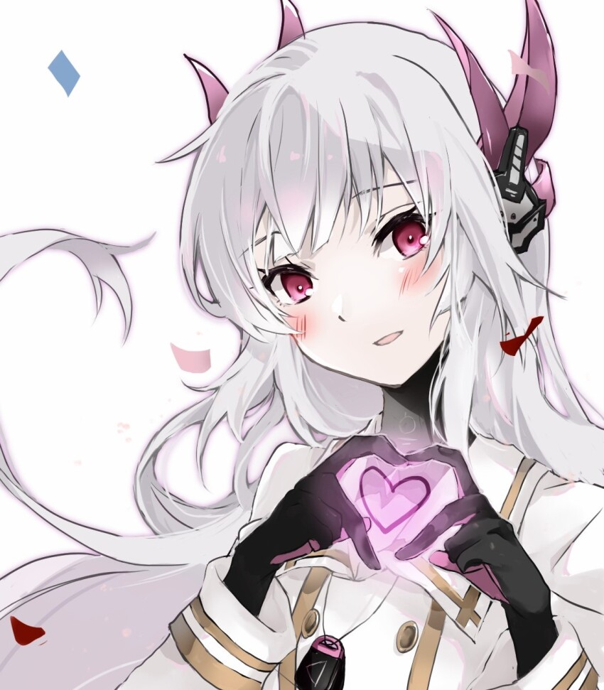 1girl black_gloves blush collared_dress colored_skin dog_tags dress gloves gold_trim gown grey_hair grey_skin heart heart_hands highres ite_ti liv:_eclipse_(pgr) liv_(pgr) long_hair looking_at_viewer mechabare parted_lips pink_eyes pink_gloves punishing:_gray_raven sidelocks solo two-tone_gloves white_background