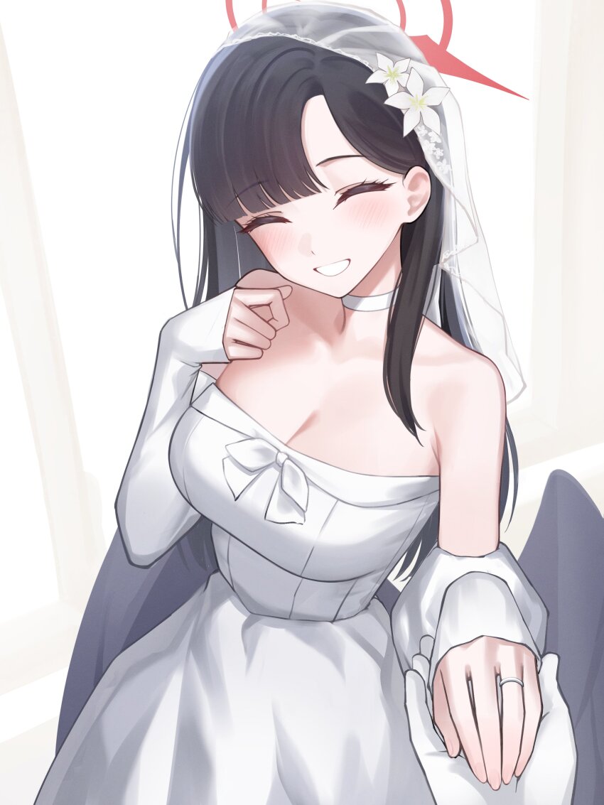 1girl absurdres aoi_riko black_wings blue_archive bridal_veil bride choker dress feathered_wings gloves halo highres ichika_(blue_archive) jewelry low_wings pov pov_hands red_halo ring veil wedding wedding_dress wedding_ring white_dress white_gloves wings