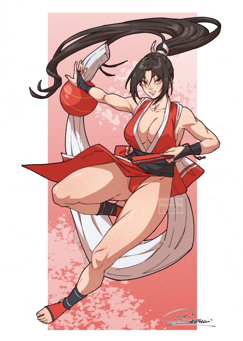 1girl absurdres arm_guards bare_shoulders breasts brown_eyes brown_hair chuckuddin cleavage collarbone fatal_fury folded_fan folding_fan hand_fan high_ponytail highres holding holding_fan japanese_clothes large_breasts long_hair looking_at_viewer muscular muscular_female ninja pelvic_curtain ponytail revealing_clothes rope shiranui_mai smile snk solo the_king_of_fighters thighs