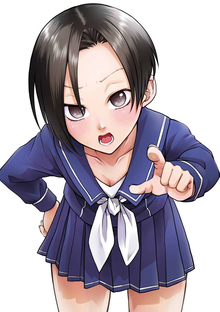 1girl bent_over black_eyes black_hair blue_serafuku breasts cleavage commentary_request cowboy_shot downblouse hand_on_own_hip highres keke_(user_zech7732) kobayakawa_rinko love_plus miniskirt open_mouth pleated_skirt pointing pointing_at_viewer school_uniform serafuku short_hair skirt small_breasts solo