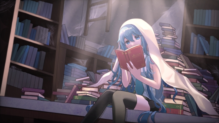 1girl bed_sheet blue_eyes book book_stack bookshelf commentary english_commentary hatsune_miku holding holding_book indoors ladder library long_hair nashinome_(y5wlht) necktie reading shirt silk sitting sleeveless sleeveless_shirt solo spider_web sunlight thighhighs twintails very_long_hair vocaloid