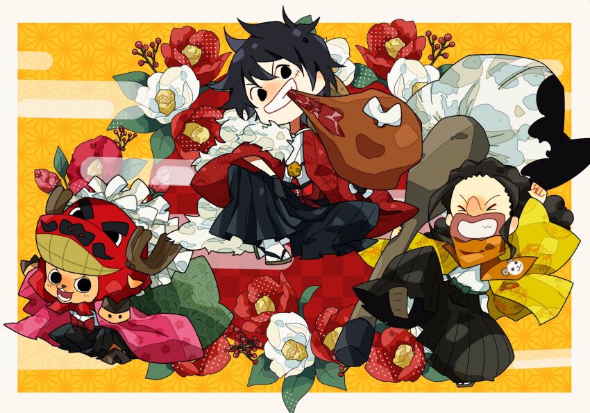 &gt;_&lt; 3boys antlers black_gloves black_hair black_hakama clenched_hand closed_eyes flower food gloves hakama haori highres holding holding_food horns japanese_clothes kimono looking_at_viewer male_focus meat monkey_d._luffy multiple_boys noise_pp one_piece ponytail sash scar scar_on_face scarf short_hair sidelocks smile tony_tony_chopper usopp white_kimono