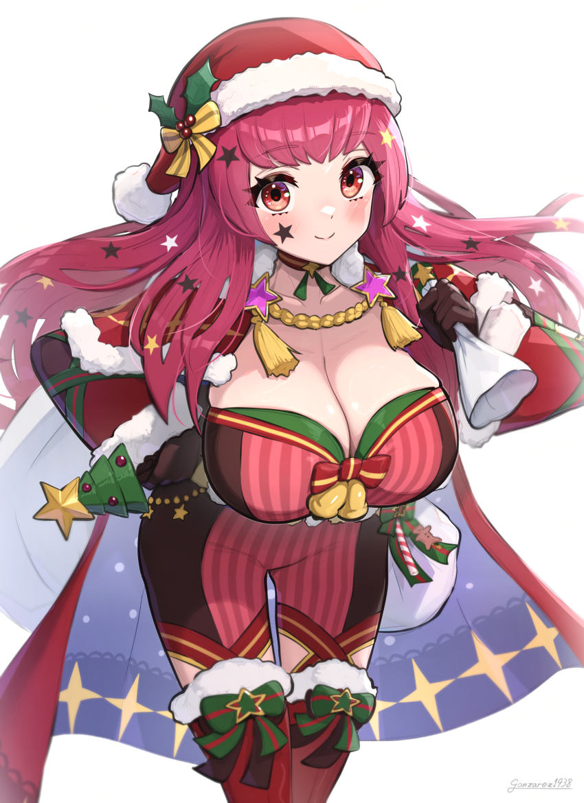 1girl absurdres breasts cape cleavage facial_mark fire_emblem fire_emblem_engage fire_emblem_heroes gloves gonzarez hair_ornament hat highres holding holding_sack large_breasts long_hair looking_at_viewer mistletoe nintendo official_alternate_costume red_cape red_eyes red_hair sack santa_hat simple_background smile solo star_(symbol) star_facial_mark star_hair_ornament thighhighs white_background yunaka_(fire_emblem) yunaka_(fire_emblem)_(spirited_envoy)