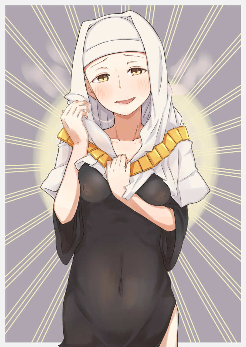 1girl absurdres black_dress blush border buddhist_nun coif covered_erect_nipples covered_navel dress fate/extra fate/extra_ccc fate/grand_order fate_(series) gold_necklace grey_background hand_on_own_chest hand_up highres jewelry long_sleeves looking_at_viewer necklace open_mouth outside_border saliva saliva_trail sessyoin_kiara smile solo veil white_border white_veil wide_sleeves woshinon yellow_eyes