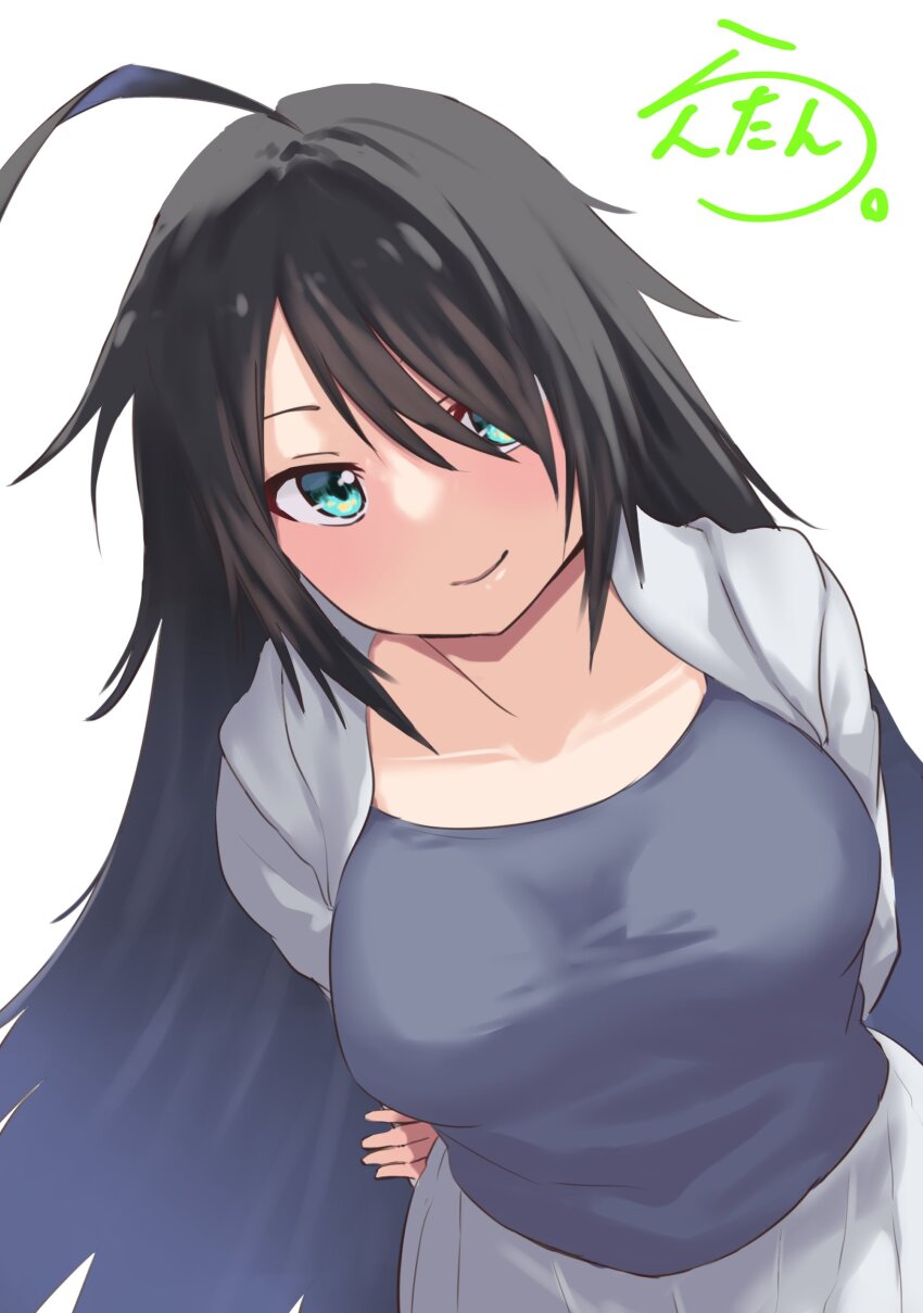 1girl absurdres ahoge black_hair blue_eyes breasts grey_shirt hair_down highres jacket kako_(kancolle) kantai_collection lanthan large_breasts long_hair messy_hair official_alternate_hairstyle one-hour_drawing_challenge parted_bangs ponytail shirt signature simple_background solo white_background white_jacket white_shirt