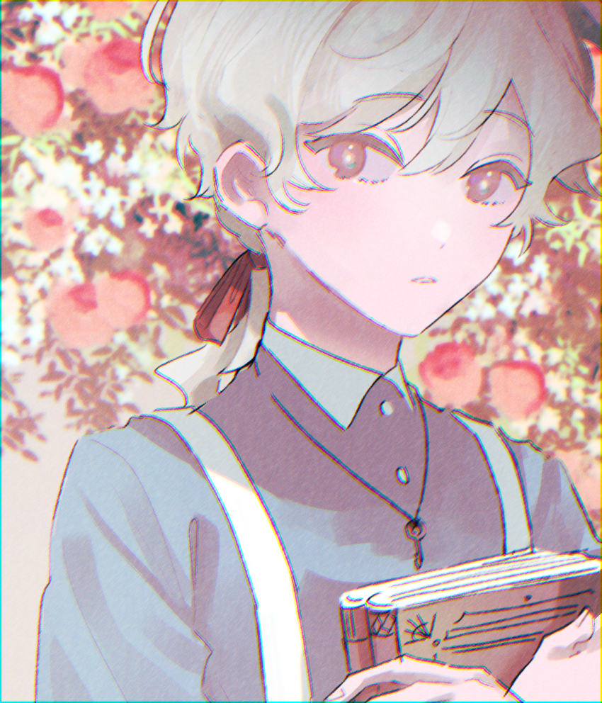 1boy apron blue_shirt book bright_pupils buttons chromatic_aberration collared_shirt colored_eyelashes commentary_request floral_background flower genderswap genderswap_(ftm) hair_between_eyes hair_ribbon highres jewelry kagerou_project key key_necklace kozakura_marry looking_at_viewer looking_to_the_side male_focus mekakucity_actors mokemoke_chan muted_color necklace hugging_object parted_lips pink_eyes pink_flower red_ribbon ribbon shirt short_hair short_ponytail solo upper_body white_apron white_hair