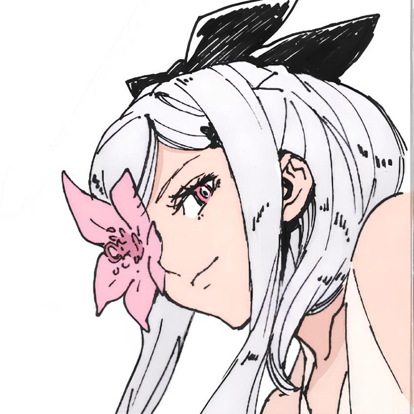 1girl bow cape drag-on_dragoon drag-on_dragoon_3 ferealp3 flower flower_in_eye flower_over_eye hair_bow highres long_hair lunar_tear pink_eyes simple_background solo symbol_in_eye white_cape white_hair zero_(drag-on_dragoon)