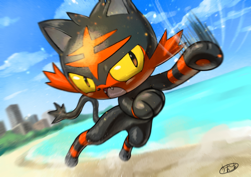 cloud commentary_request creatures_(company) day fangs game_freak gen_7_pokemon kaosu_(kaosu0905) litten motion_lines nintendo no_humans open_mouth outdoors pokemon pokemon_(creature) sand shore signature sky solo toes tongue water