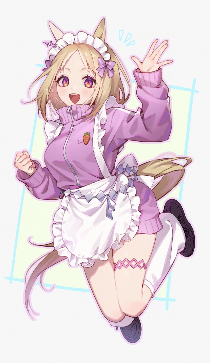 1girl :d absurdres animal_ears apron arm_up belt black_footwear blonde_hair bow breasts clenched_hand copyright_request full_body hair_bow highres horse_ears horse_tail io_(sinking=carousel) large_breasts leg_warmers long_sleeves maid_headdress medium_hair open_mouth pink_bow pink_eyes pink_sweater shoes smile solo sweater tail teeth upper_teeth_only waist_apron white_apron