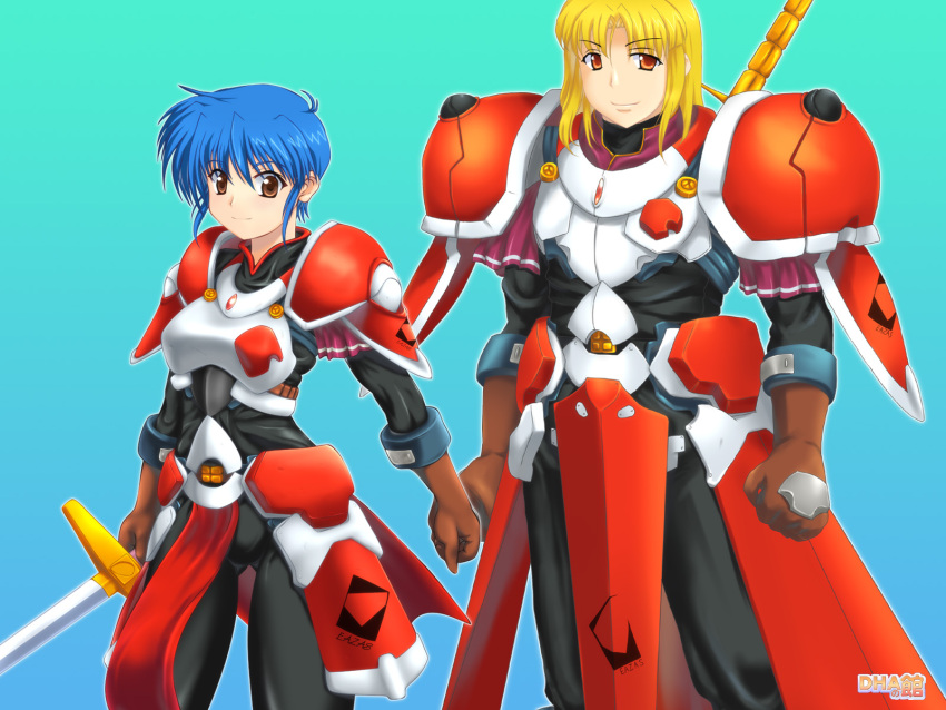 1boy 1girl armor blonde_hair blue_hair breastplate clenched_hand dha gloves highres holding holding_sword holding_weapon looking_at_viewer menad_shisei pauldrons rance_(series) red_armor rick_addison shoulder_armor smile sword tomboy weapon white_armor