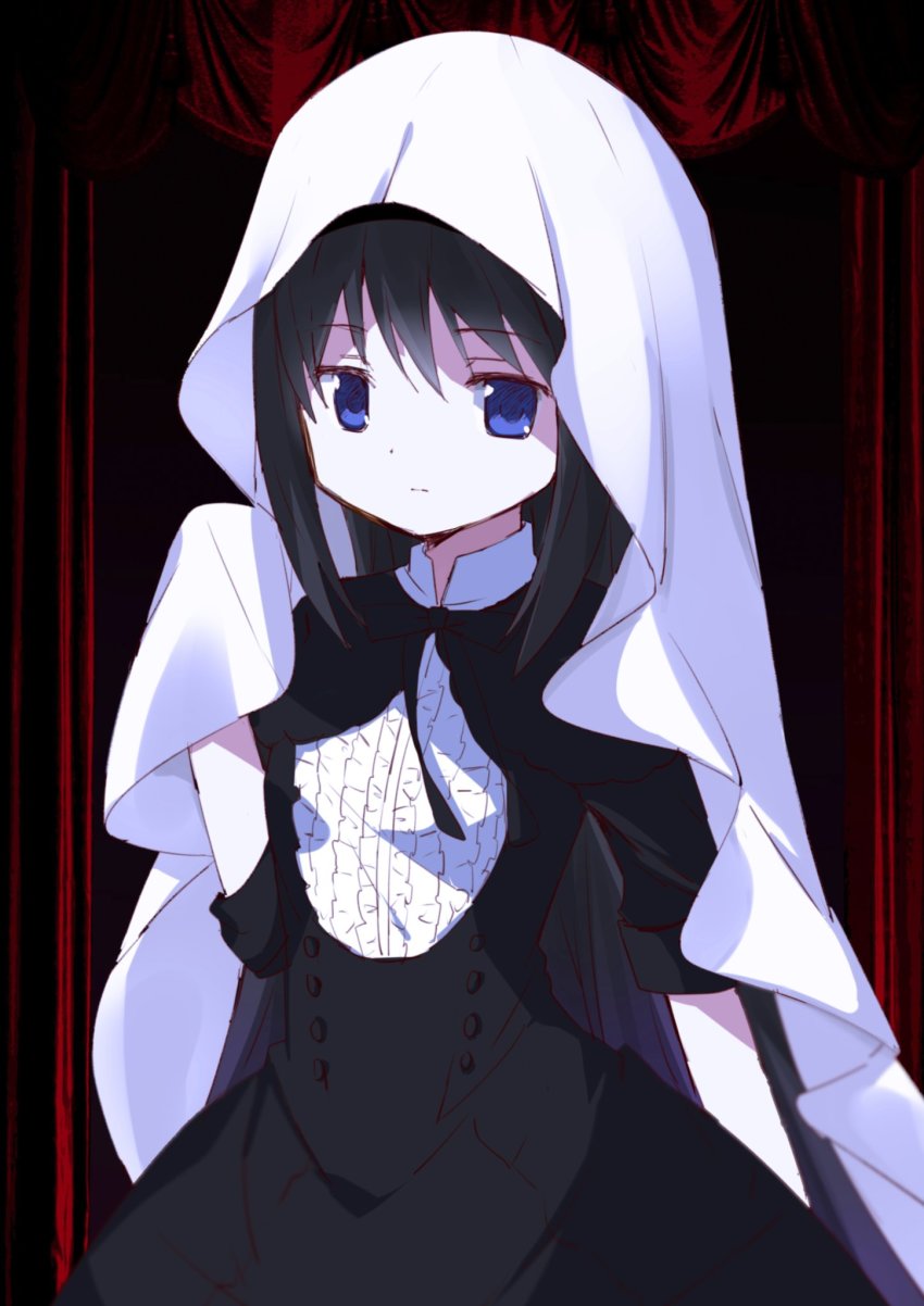 1girl akemi_homura akemi_homura_(black_dress) black_hair dress female_focus funeral_dress highres homulilly long_hair looking_at_viewer mahou_shoujo_madoka_magica mahou_shoujo_madoka_magica:_hangyaku_no_monogatari purple_eyes solo tsubaki_(tatajd)