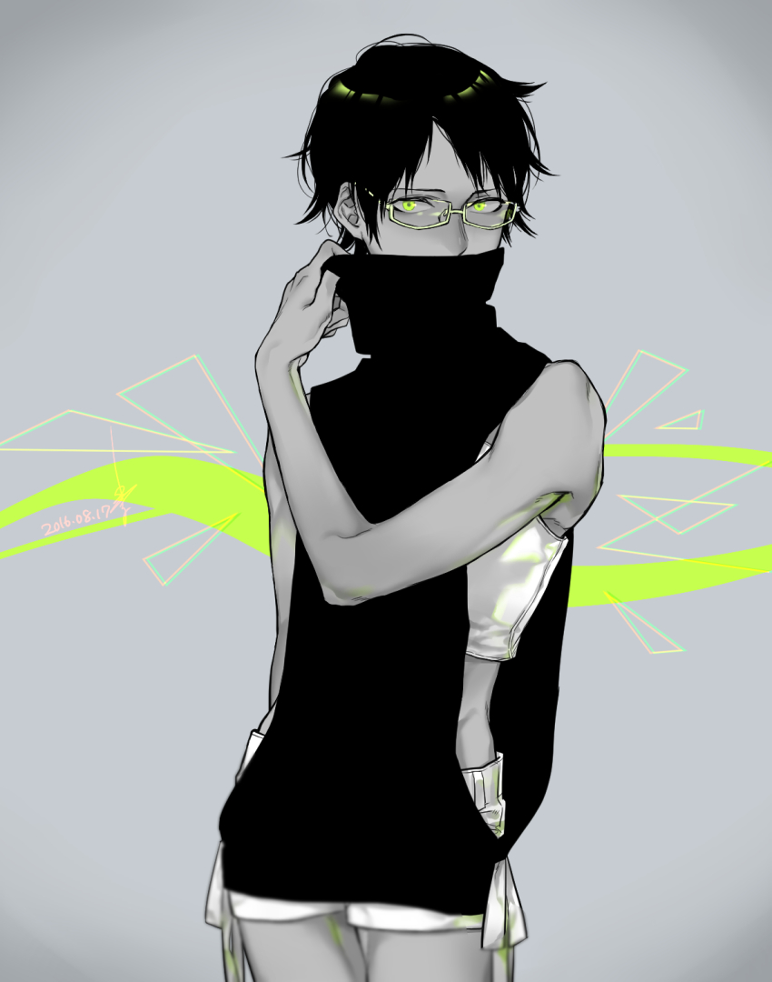 10s 1boy 2016 alternate_costume arm_at_side bad_id bad_pixiv_id bare_arms black_hair blurry boxers colored_skin covered_mouth cowboy_shot crop_top dated depth_of_field glasses glowing glowing_eyes gradient_background green_eyes grey_background grey_skin highres looking_at_viewer male_focus male_underwear mikumo_osamu monochrome naogen semi-rimless_eyewear solo spot_color tabard triangle turtleneck under-rim_eyewear underwear world_trigger