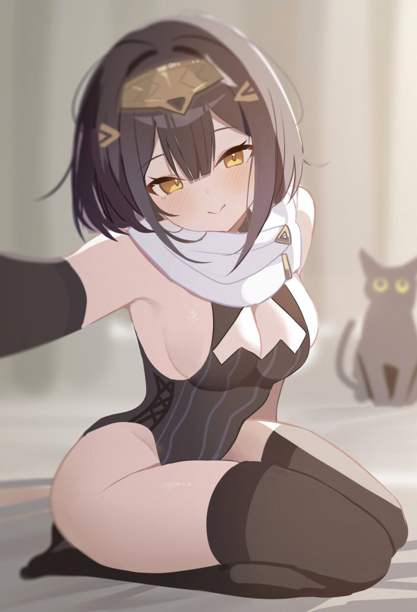 1girl amber_(stella_sora) bare_shoulders black_cat black_gloves black_hair black_leotard black_thighhighs blurry blurry_background blush breasts cat cleavage cleavage_cutout closed_mouth clothing_cutout deyui elbow_gloves gloves hair_between_eyes hair_intakes highres large_breasts leotard looking_at_viewer outstretched_arm seiza short_hair sitting smile solo stella_sora thighhighs yellow_eyes