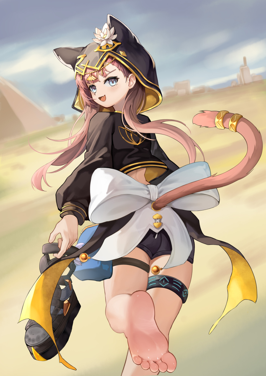 1girl absurdres animal_hood arknights barefoot cat_hood cat_tail fang feet foot_out_of_frame highres holding_shoe hood long_hair looking_at_viewer looking_back open_mouth pepe_(arknights) rh_huinai skin_fang soles solo tail tail_ornament toes unworn_shoe