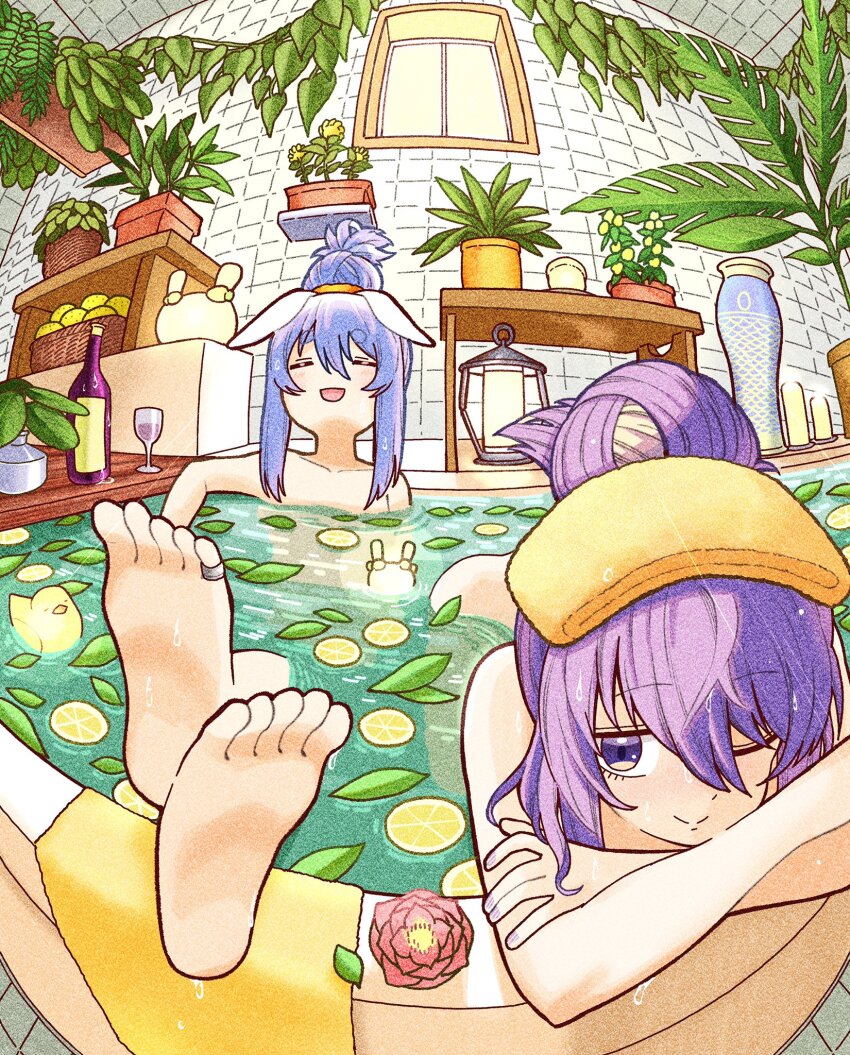 2girls ;) alternate_hairstyle animal_ears bad_id bad_twitter_id barefoot bath bathing bathtub blue_hair bottle commentary crossed_arms cup drinking_glass feet flower food fruit hair_between_eyes hair_bun highres hololive hololive_indonesia indoors leaf lemon lemon_slice long_hair moona_hoshinova multiple_girls nude oil_lamp one_eye_closed partially_submerged plant potted_plant purple_eyes purple_hair rabbit_ears red_flower rubber_duck same-sex_bathing shared_bathing shelf short_hair smile soles symbol-only_commentary toes usada_pekora virtual_youtuber water window wine_bottle wine_glass yurai0739