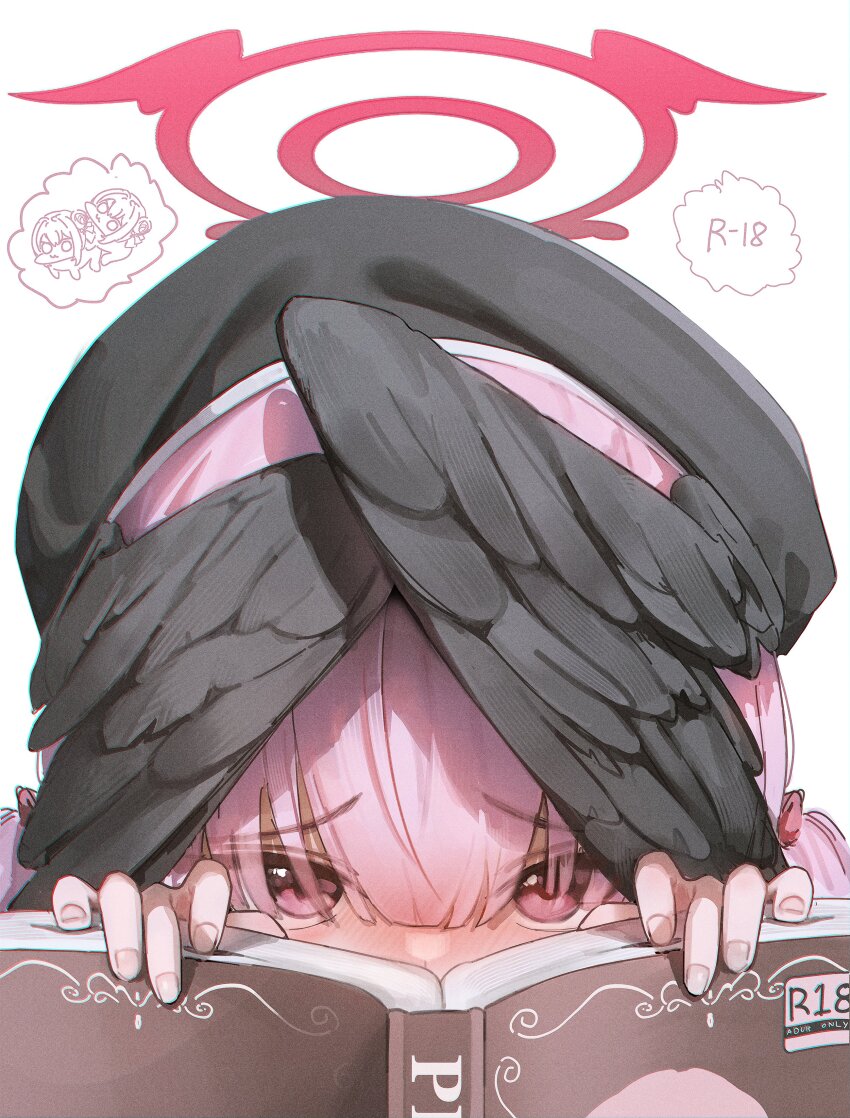 1girl absurdres beret black_hat black_wings blue_archive blush book commentary covered_mouth covering_face doro_(nikke) furrowed_brow halo hashtag-only_commentary hat head_wings highres hmj0128 koharu_(blue_archive) looking_at_viewer open_book pink_eyes pink_hair pornography portrait red_halo simple_background solo straight-on white_background wings