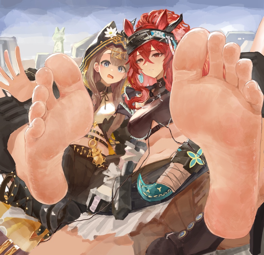 2girls absurdres animal_ears arknights barefoot blue_eyes feet highres long_hair looking_at_viewer multiple_girls narantuya_(arknights) open_mouth parted_lips pepe_(arknights) red_eyes red_hair soles tiansuo_haoer toes