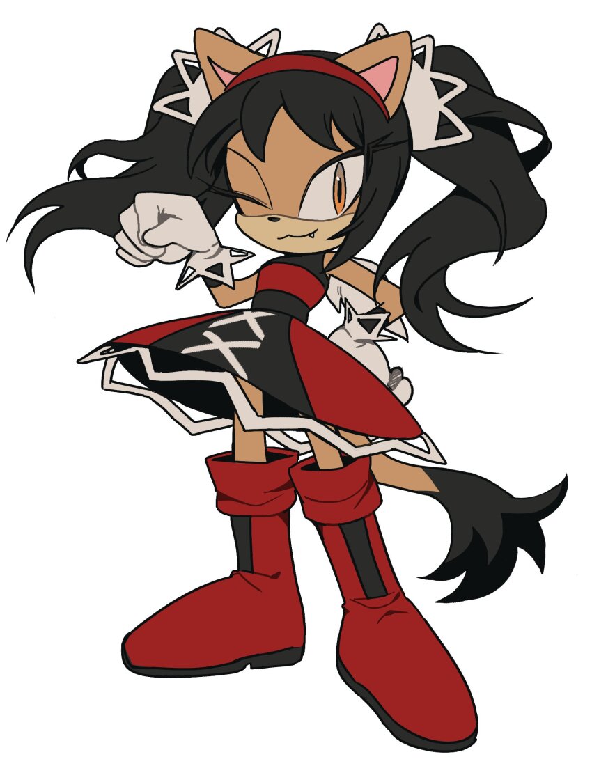 :3 black_dress black_hair brown_fur cat_girl dress fang gloves headband highres honey_the_cat multicolored_clothes multicolored_dress one_eye_closed red_dress red_footwear red_headband sonic_(series) unneul white_background white_gloves yellow_eyes