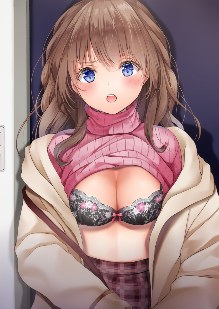 1girl black_bra blue_eyes blush bow bow_bra bra breasts brown_hair brown_jacket cleavage clothes_lift commentary_request hair_between_eyes highres jacket long_hair looking_at_viewer medium_breasts open_clothes open_jacket open_mouth original pink_sweater plaid_clothes plaid_skirt purple_skirt ribbed_sweater skirt solo sweater sweater_lift teeth turtleneck turtleneck_sweater underwear upper_teeth_only yoshida_iyo