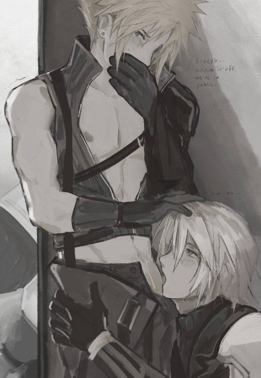 2boys 777lycan aged_down arm_armor armor asymmetrical_sleeves bare_pectorals black_gloves black_pants black_sweater black_vest blonde_hair blue_eyes blush cloud_strife covering_own_mouth earrings english_text fellatio final_fantasy final_fantasy_vii final_fantasy_vii_advent_children final_fantasy_vii_ever_crisis gloves grey_hair half-closed_eyes hand_on_another&#039;s_head hand_on_another&#039;s_waist hands_up high_collar highres indoors jewelry licking licking_penis looking_to_the_side male_focus midriff_peek multiple_boys muted_color navel nipples open_clothes open_fly open_mouth open_vest oral pants partially_unzipped pauldrons pectorals penis penis_peek sephiroth sephiroth_(young) short_hair shoulder_armor shoulder_strap single_pauldron speech_bubble spiked_hair stud_earrings sweatdrop sweater time_paradox toned toned_male tongue tongue_out turtleneck turtleneck_sweater upper_body vest waist_cape yaoi