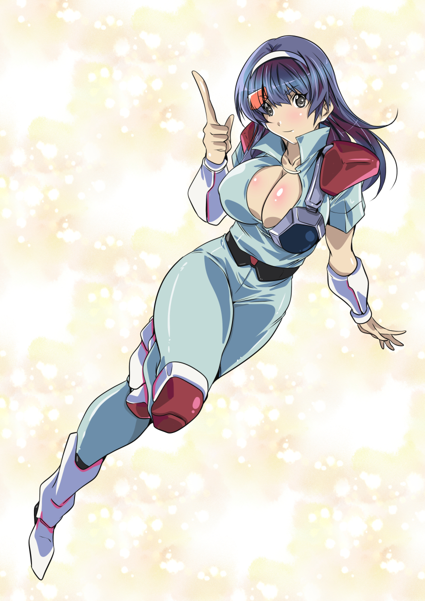 1girl absurdres akai_koudan_zillion apple_(zillion) arm_at_side black_eyes blue_hair blush bodysuit boots breasts cleavage closed_mouth feet female_focus full_body groin hairband hand_up highres index_finger_raised large_breasts leg_up legs light_blush light_smile long_hair looking_at_viewer rasu_p scouter shoulder_pads simple_background solo thighs white_hairband